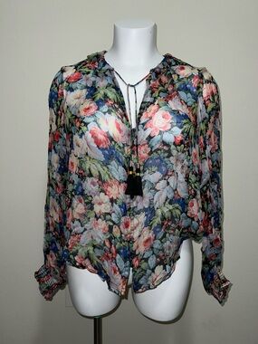 Anthropologie Sheer Floral Tie-Neck Blouse - Black Multi Floral